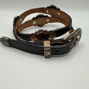 Circle Y Vintage Western Black Tooled Leather Belt Silver Concho Buckle Studded